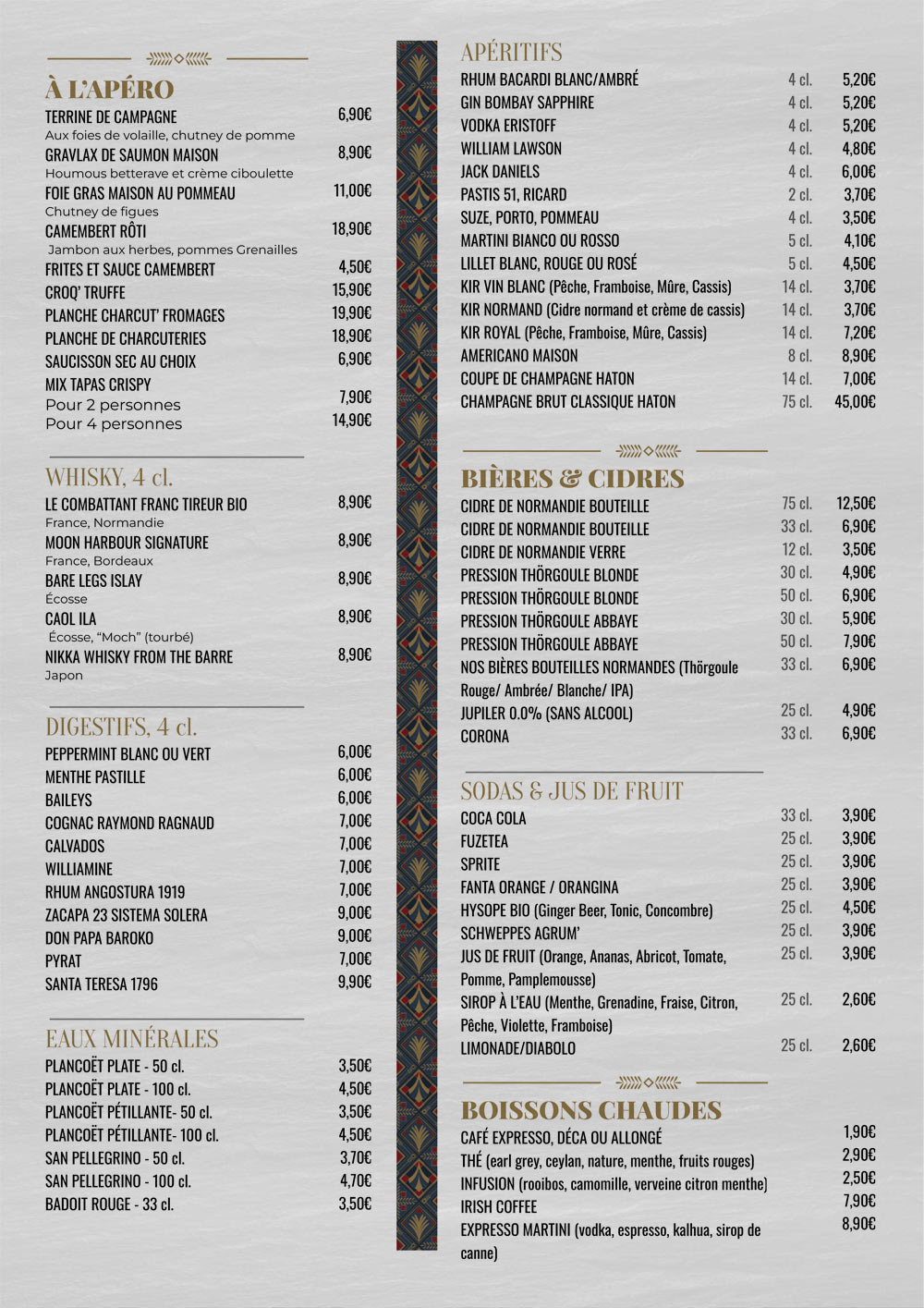 Carte des boissons, apéritifs, bières, whisky, sodas, eaux