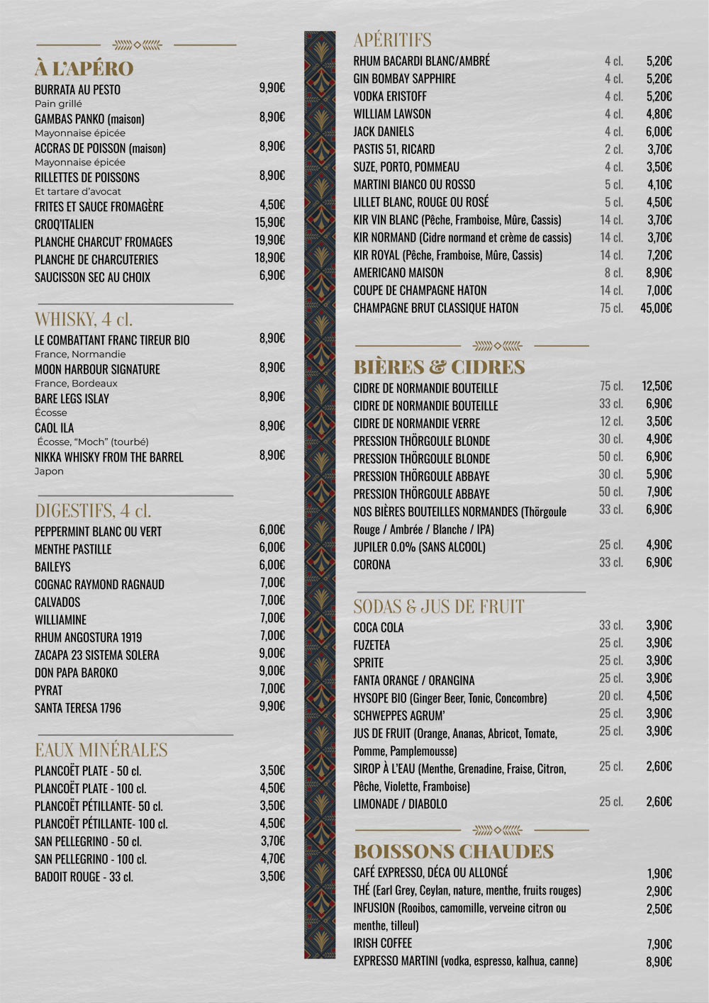 Carte des boissons, apéritifs, bières, whisky, sodas, eaux