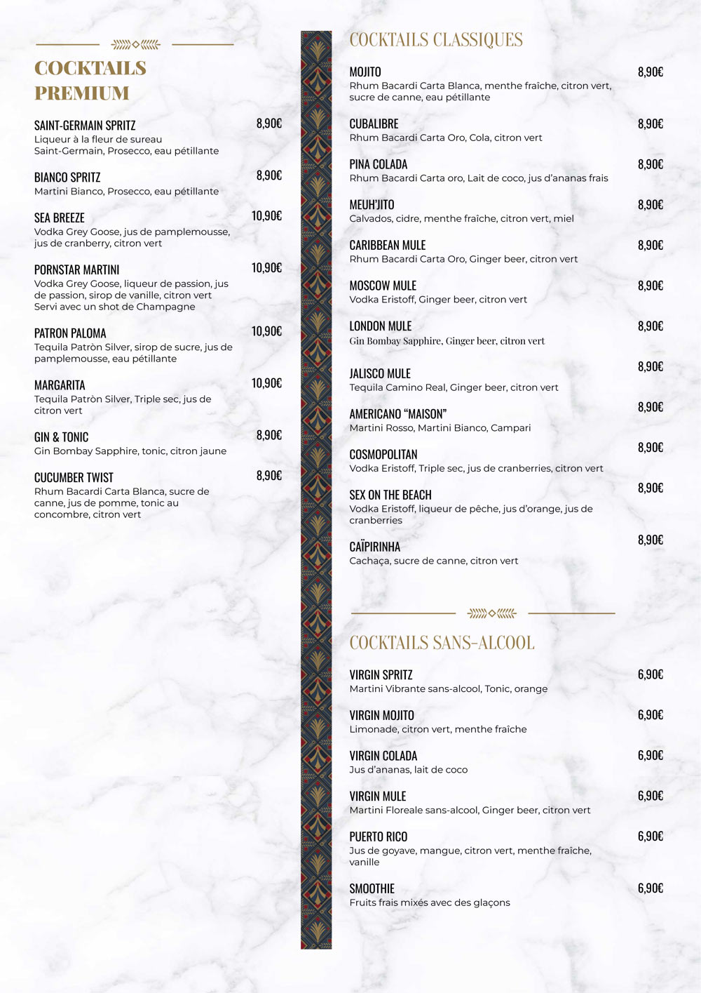 Carte des coktails, premium, classiques et sans-alcool