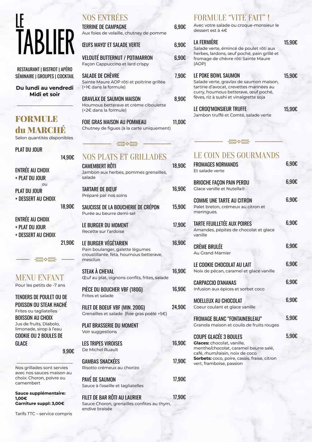 Menu et formules, entrées, plats et desserts