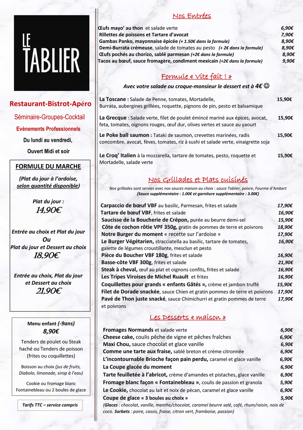 Menu et formules, entrées, plats et desserts