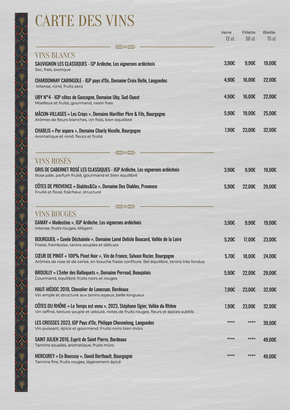 Carte des vins, rouges, rosés ou blancs